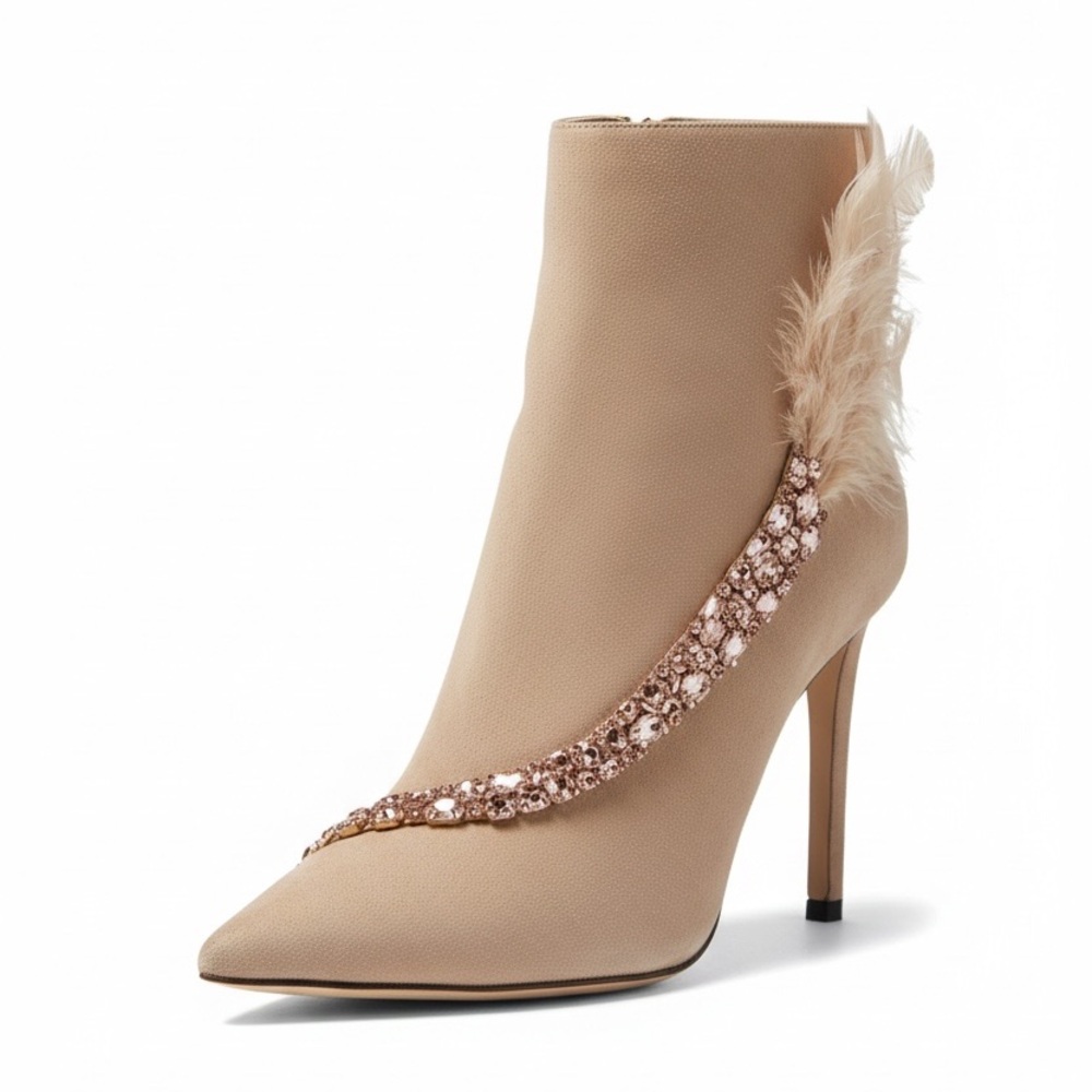 Authentic Jimmy Choo Tanya 100 Suede Crystal Feather Ankle Boots - Size 37 1/2